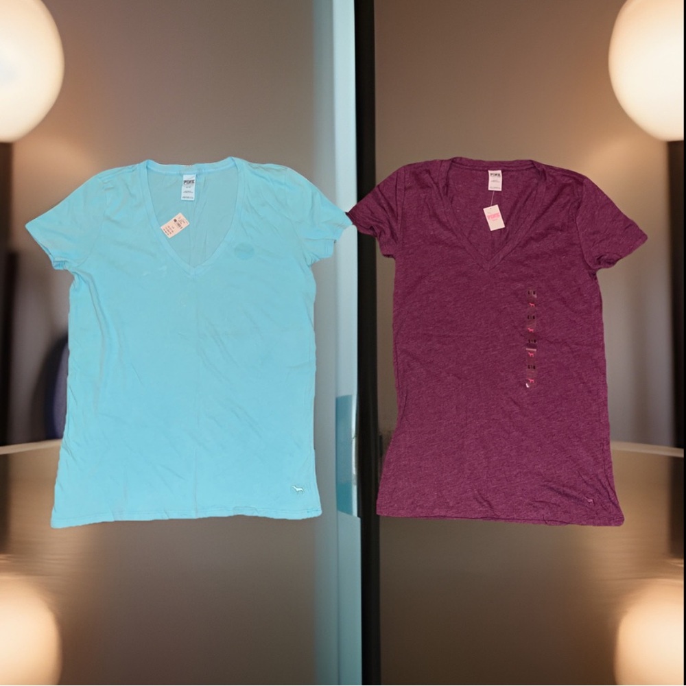 2-Victorias Secret PINK Deep V-Neck T Shirt Luscious Plum & Baby Blue New NWT